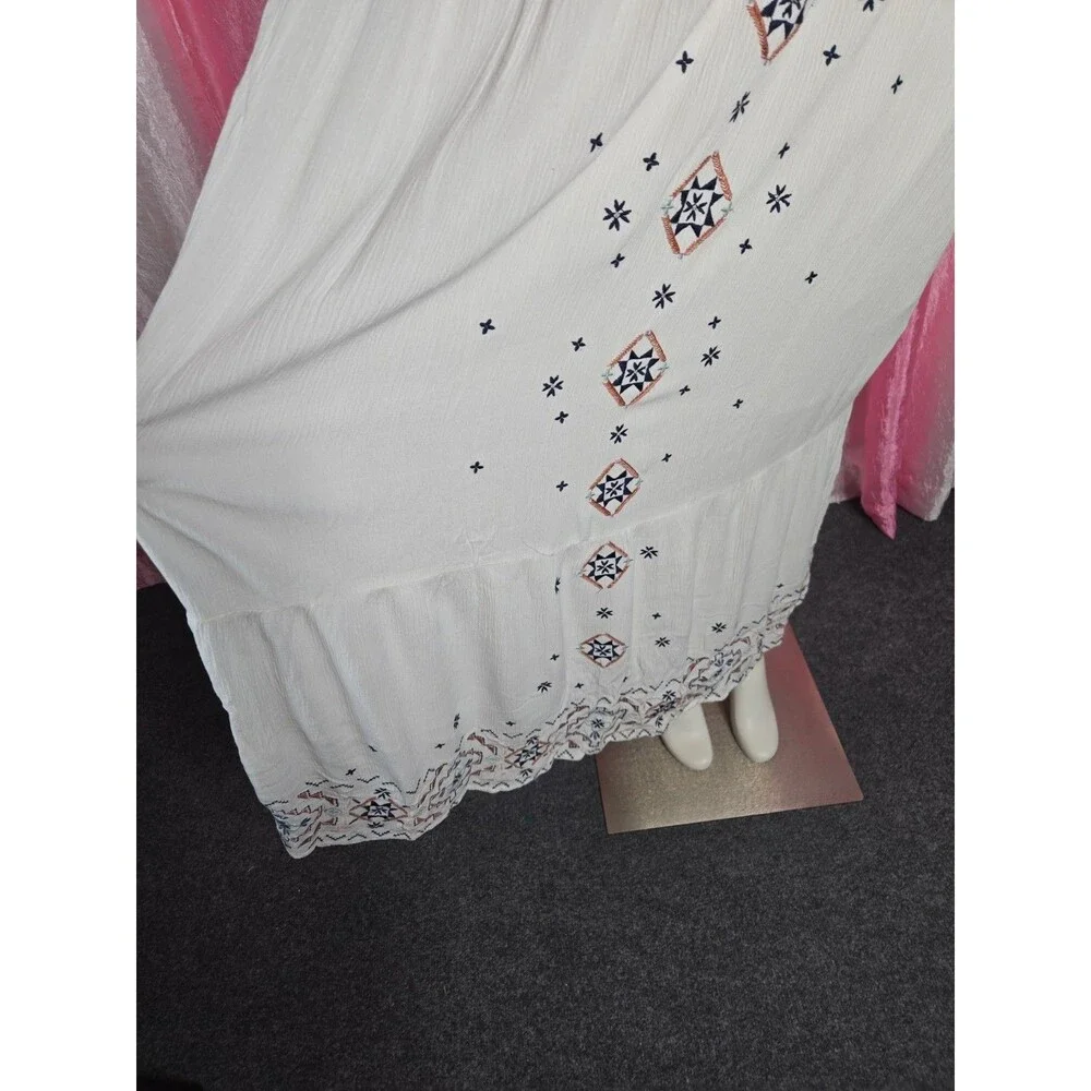 Knox Rose Ivory Boho Embroidered Cotton Lined Tiered Maxi Dress Size XS